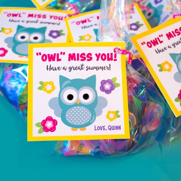 PRINTED Owl Miss You, Summer Break Gift Tag Template, Teacher Student School Gift Tag, Last Day of School, Teacher tag, Summer Vacay