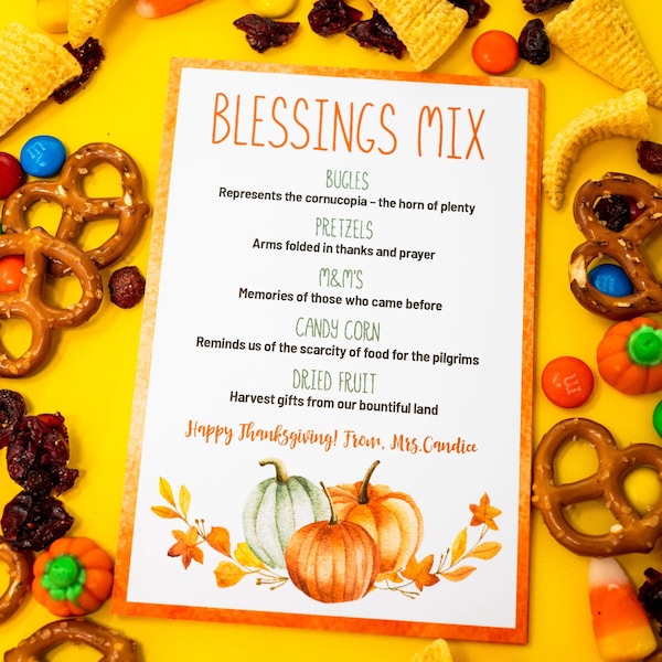 Thanksgiving Blessing Mix Treat Bag Card, Thanksgiving Printable, Blessing Snack Mix Card, Thanksgiving Gift Tag, Digital Download, CANVA