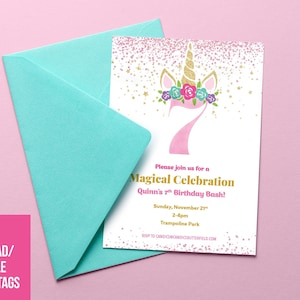 Unicorn Birthday Party Invitation, Magical Unicorn Invitation, ANY AGE, Unicorn Digital Printable File FREE Favor Tag image 1