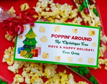 Happy Holiday Printable Tag, Popcorn Christmas Tag, Christmas Gift Tag, Christmas tree Tags, Instant Download, Edit yourself in CANVA