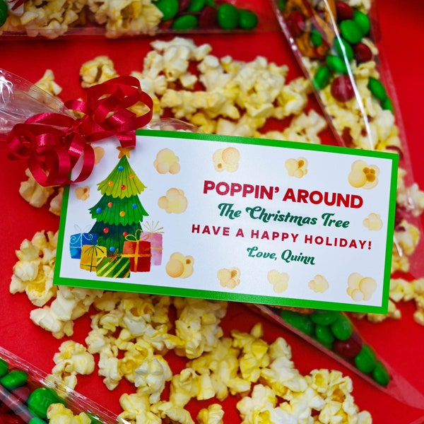 Happy Holiday Printable Tag, Popcorn Christmas Tag, Christmas Gift Tag, Christmas tree Tags, Instant Download, Edit yourself in CANVA
