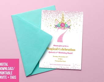 Unicorn Birthday Party Invitation, Magical Unicorn Invitation, ANY AGE, Unicorn Digital Printable File + FREE Favor Tag