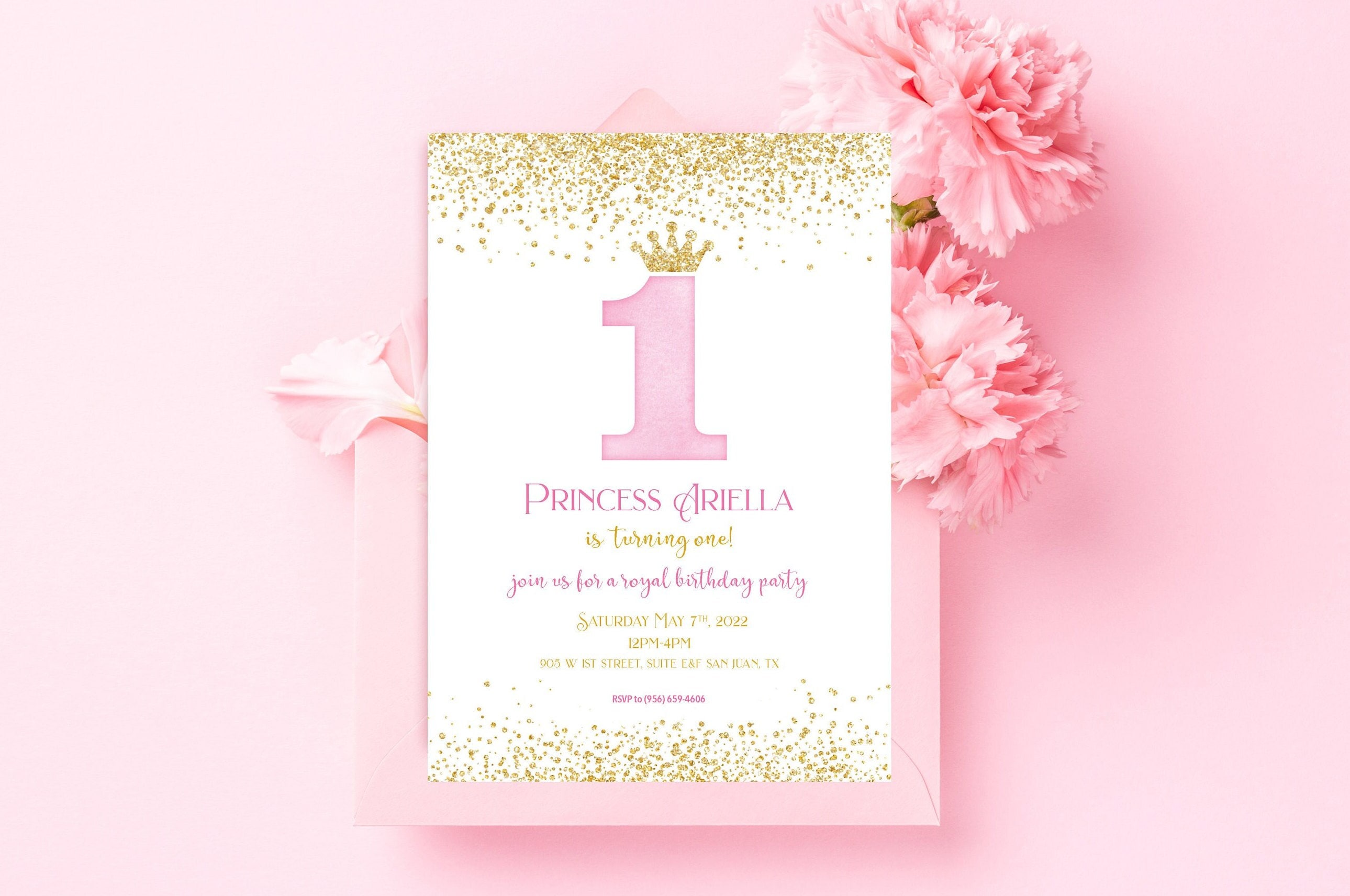 ONE year old Princess Birthday Party Invitation, Edit in CANVA, Pink and Gold Princess Invite, Birthday Invite, Digital Download