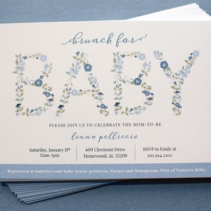 Blaue Baby-Brunch-Einladung, bearbeiten Sie selbst in CANVA, Babyparty, Brunch für Baby einladen, blaue Blumendusche einladen, bearbeiten und ausdrucken