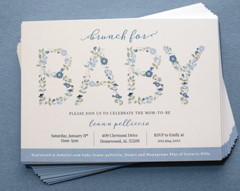 Blue Baby Brunch Invitation, Edit Yourself in CANVA, Baby Shower, Brunch for Baby Invite, Blue Floral Shower Invite, Edit and Printable