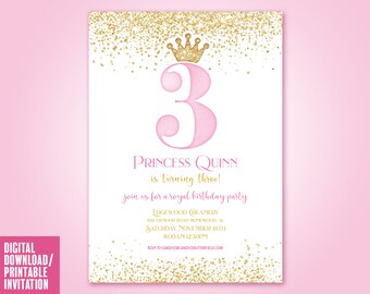 Princess Birthday Party Invitation, Pink and Gold Princess Crown Invitation, ANY AGE Birthday Invite, Princess Digital Printable File