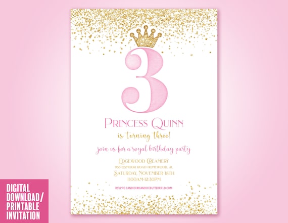 Princess Birthday Party Invitation Pink And Gold Princess Etsy