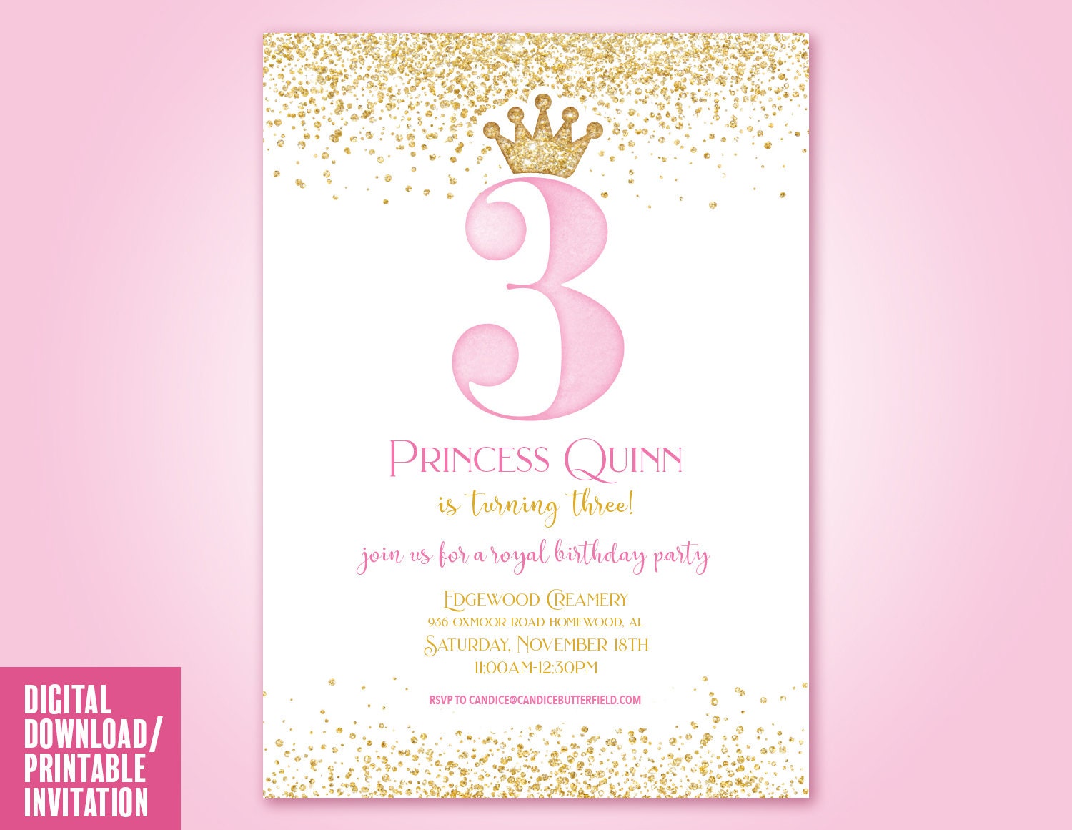 Princess Birthday Party Invitation Pink and Gold Princess Etsy