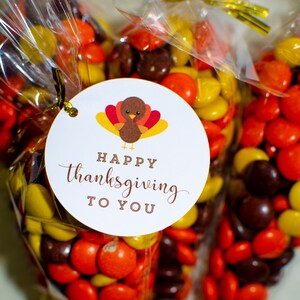 May include: A clear plastic bag filled with orange, yellow, and brown candy. A round white tag with a brown turkey illustration and the text "Happy Thanksgiving to You" is attached to the bag.