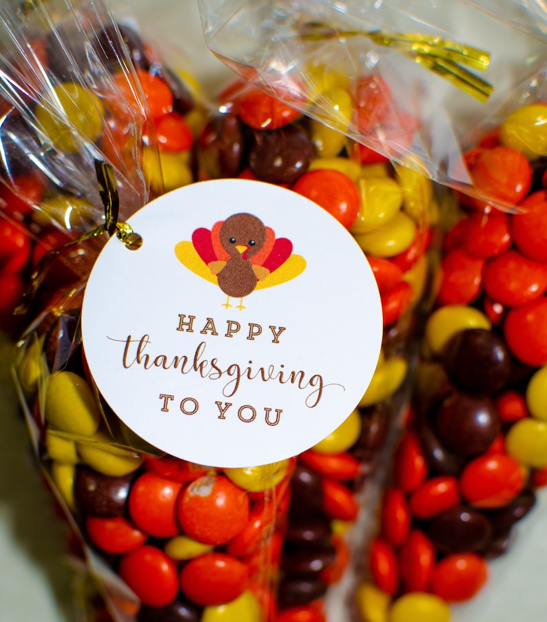 May include: A clear plastic bag filled with orange, yellow, and brown candy. A round white tag with a brown turkey illustration and the text "Happy Thanksgiving to You" is attached to the bag.