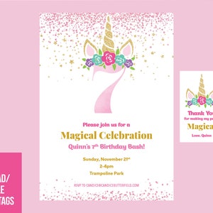 Unicorn Birthday Party Invitation, Magical Unicorn Invitation, ANY AGE, Unicorn Digital Printable File FREE Favor Tag image 2