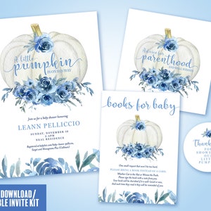 Blue Little Pumpkin Baby Shower Kit, Fall Autumn Boy Invite, Blue and White Pumpkin Invites, Digital Downloads, Books for Baby, Advice Cards