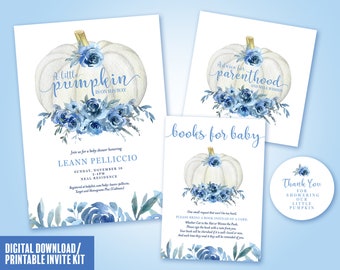 Blue Little Pumpkin Baby Shower Kit, Fall Autumn Boy Invite, Blue and White Pumpkin Invites, Digital Downloads, Books for Baby, Advice Cards