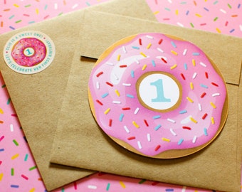 Donut Circle Round Shape Invitation | Sweet One Birthday | Girls Sweet Birthday | Personalized Printed Invitations + Envelopes + Stickers