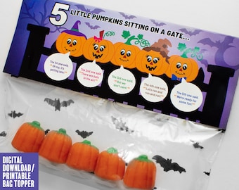 5 Little Pumpkins Bag Topper, DIGITAL DOWNLOAD, Halloween Treat Bag, EDITABLE, Classroom Party Favors, Halloween Pumpkins, Canva Template