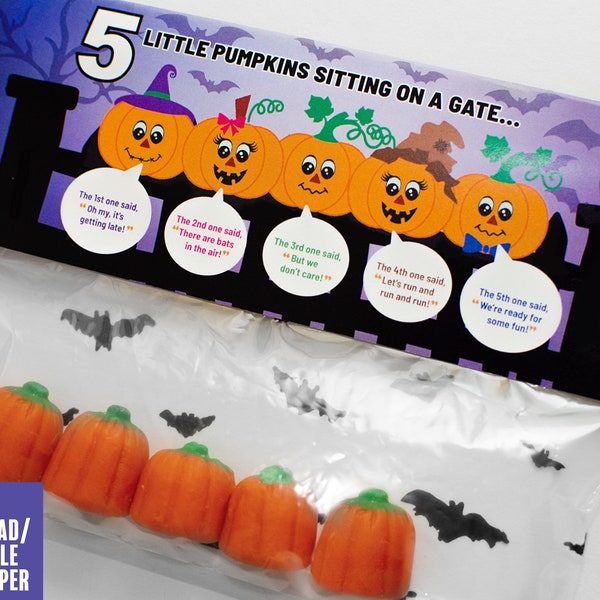 5 Little Pumpkins Bag Topper, DIGITAL DOWNLOAD, Halloween Treat Bag, EDITABLE, Classroom Party Favors, Halloween Pumpkins, Canva Template