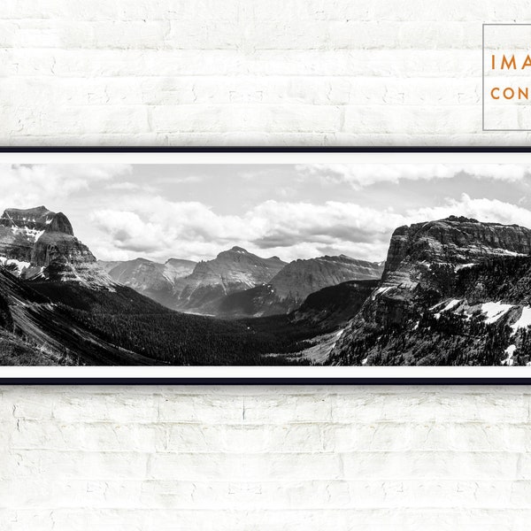 Mountain Pano Print, Black and White Nature Photo, Panoramic Wall Art, Landscape Photography, Mountain Printable, Glacier National Park