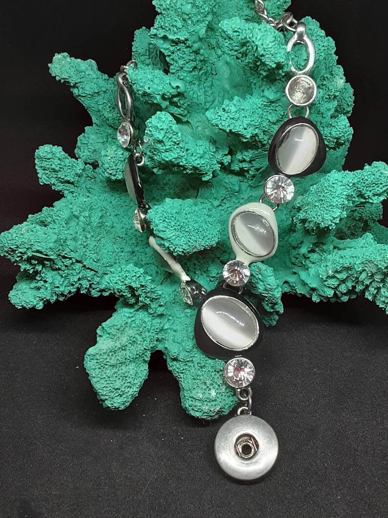 rhinestone Snap necklace 18 inch long snap necklace snap jewelry black and white snap necklace
