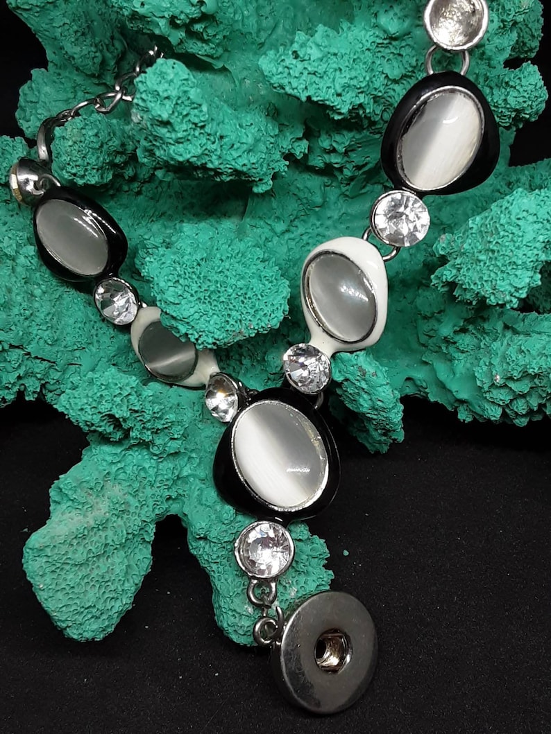 rhinestone Snap necklace 18 inch long snap necklace snap jewelry black and white snap necklace