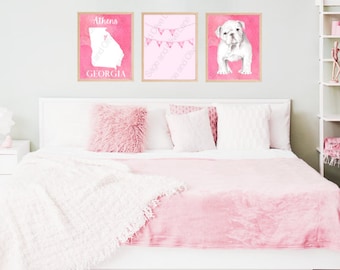 UGA themed Pink watercolor set of 3 digital prints for your dorm or apartment!