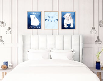 UGA themed Navy watercolor set of 3 digital prints for your dorm or apartment!
