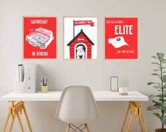 UGA Red themed digital downloads, set of 3: Uga in his doghouse, Sanford Stadium and Kirby&#39;s visor.