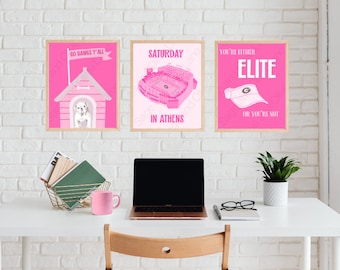 UGA Pink themed digital downloads, set of 3: Uga in his doghouse, Sanford Stadium and Kirby&#39;s visor.