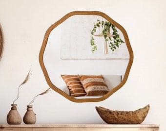 Round Wall Mirror, Irregular Circular Mirror, Decorative Wood Frame Mirror, Asymmetrical Organic Wall Decor for Bathroom and Bedroom Wall