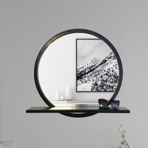 Black Mirror with Shelf, Bathroom Organizer with Shelf, Decorative Key Hooks, Handmade Wood Frame Mirror, Entryway Organization