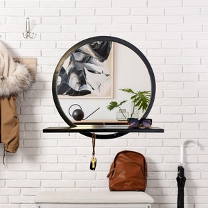 Round Wall Mirror with Shelf, Wooden Circle Frame Mirror