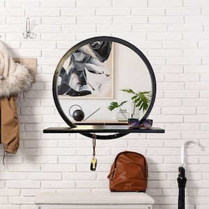 Round Wall Mirror with Shelf, Wooden Circle Frame Mirror