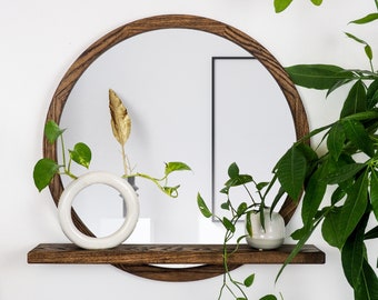 Circular Mirror with Shelf, Decorative Mirror and Shelf, Mirror for Powder Room, Entryway Organizer, Wood Frame Round Mirror