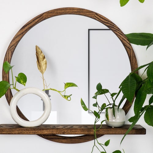 Round Mirror With Shelf Circle Wall Decor Shelf Circle Mirror Wall Decor, Wooden Circle Mirror With Shelf