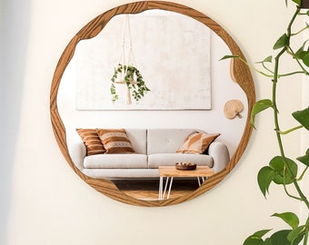 Large Circular Wooden Frame Mirror, Handcrafted Wall Decor Asymmetric Irregular Frames for Bathroom Bedroom Walls and Vanity