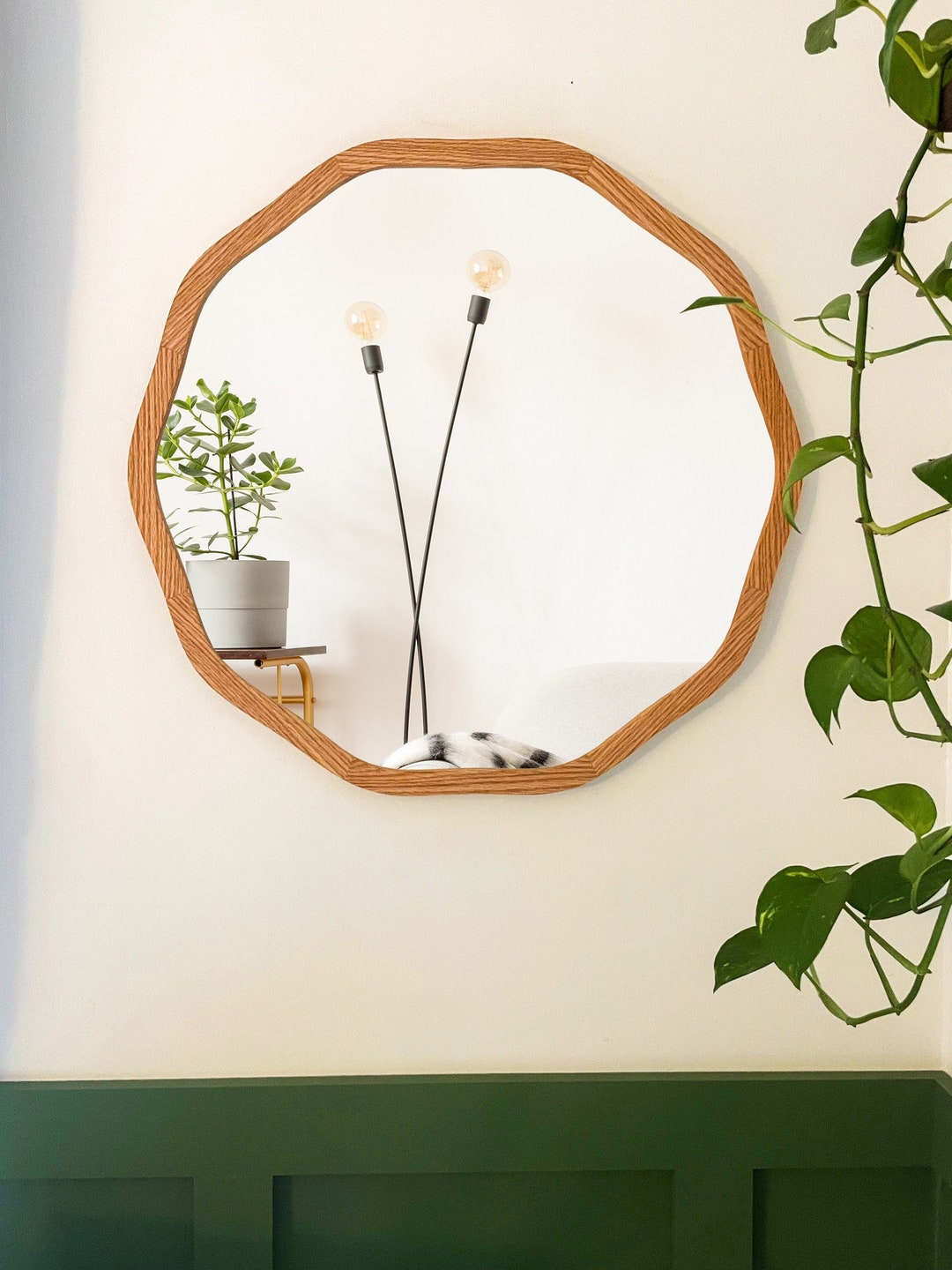 Wood Frame Round Mirror, Wavy Irregular Circle Mirror, Handcrafted Mirror Wall Decor Etsy