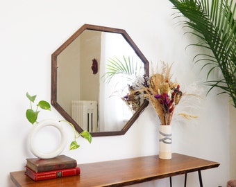 Octagon Wood Frame Wall Mirror, Mid Century Modern Octagonal Mirror for Vanity, Bathroom and Bedroom Wall, Large Mirror for Wall