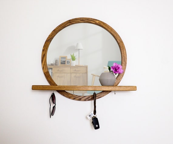 Circle Mirror With Keyring Round Floating Shelf Circle Mirror With Keyring Round, Wooden Round Mirror With Shelf