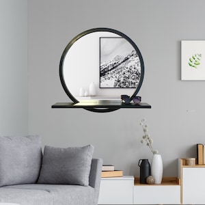 Wood Frame Mirror, Mirror with Shelf, Mid Century Modern Vanity Mirror, Wood Wall Decor, Wall Mirror
