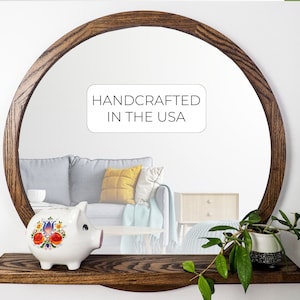 Circular Mirror with Shelf, Decorative Mirror and Shelf, Mirror for Powder Room, Entryway Organizer, Wood Frame Round Mirror