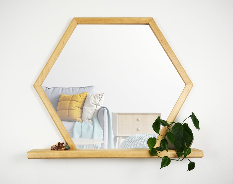 Hexagon Mirror With Shelf Wall Decor Floating Shelf Modern Etsy