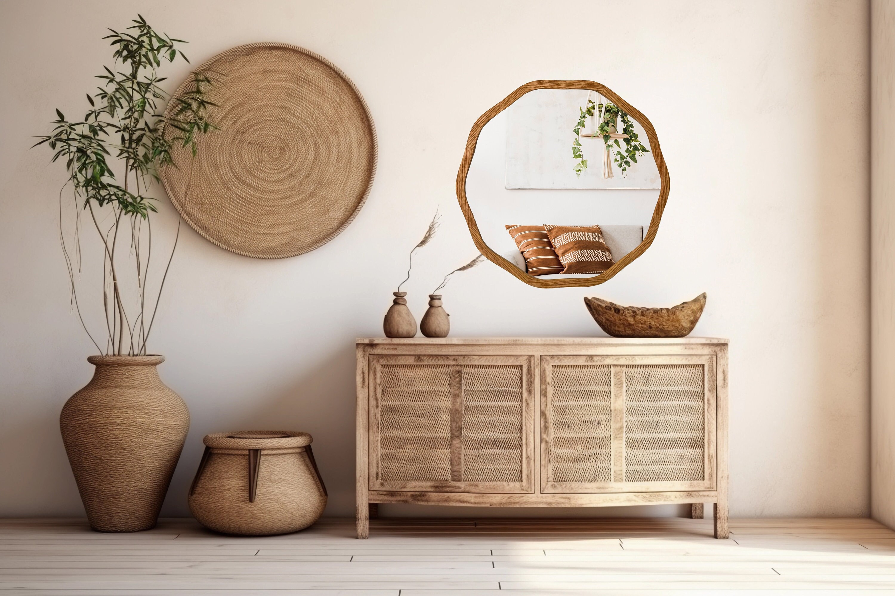 Round Wall Mirror, Irregular Circular Mirror, Decorative Wood Frame Mirror, Asymmetrical Organic Wall Decor for Bathroom and Bedroom Wall