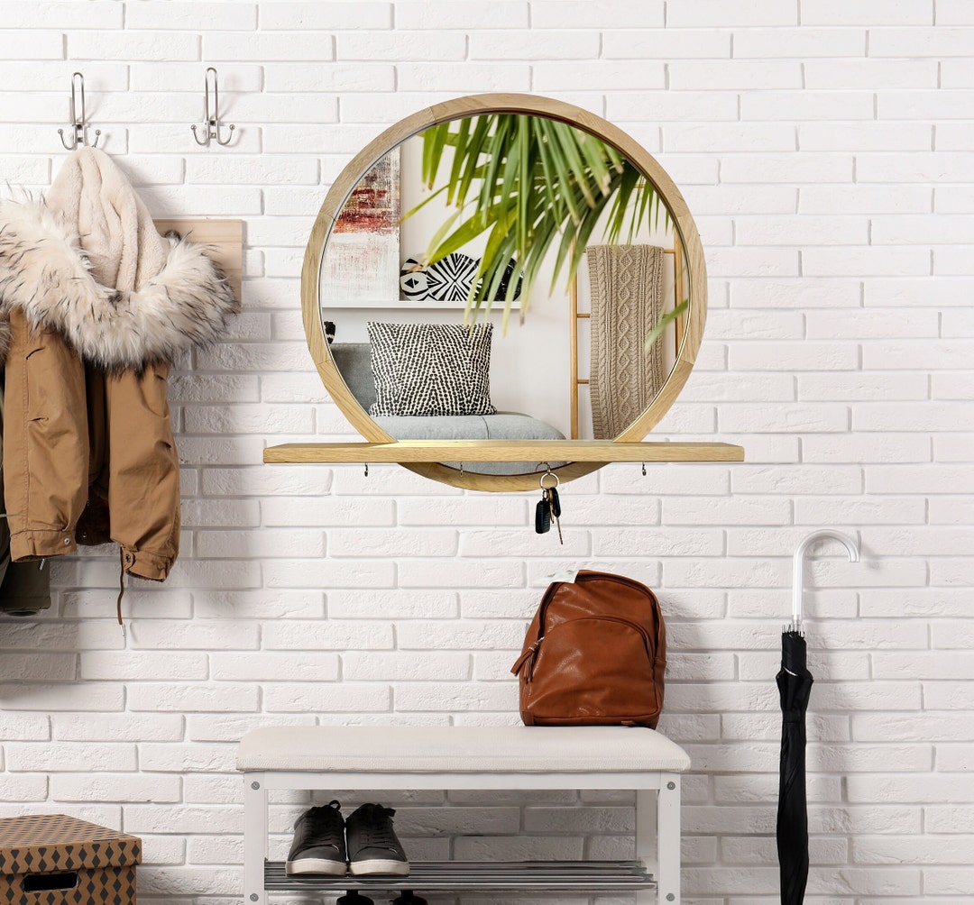 Mirror With Shelf, Round Mirror With Shelf and Key Hooks, Mirror With Wooden Frame, Mid Century