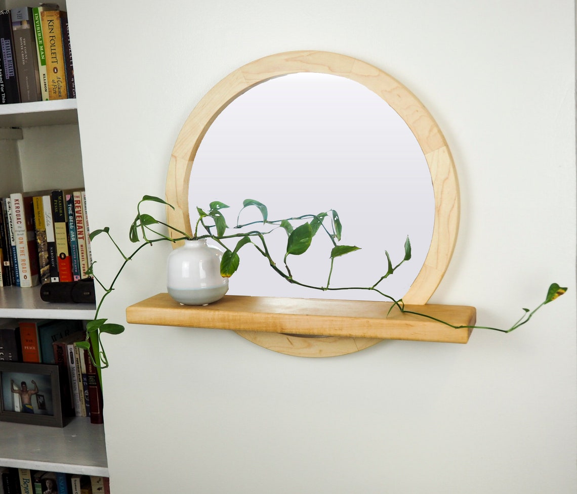 Round Mirror With Shelf Circle Mirror Round Wood Mirror Etsy