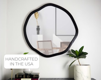 Wavy Round Wall Mirror, Handcrafted Wooden Frame Mirror