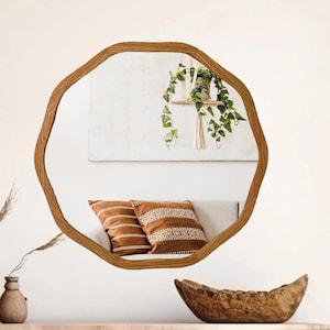 Wood Framed Round Mirror, Funky Irregular Wall Mirror
