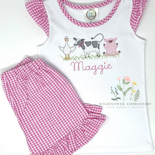 Farm Trio Outfit, Goose, Cow, Pig Girl’s Embroidered Clothing, Farm Birthday