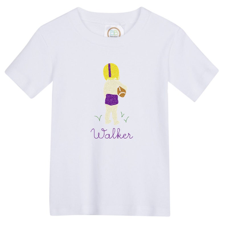 Little Boy Football Player Embroidered Shirt, Purple and Gold LSU Tigers Customizable Outfit for Boys Bild 2