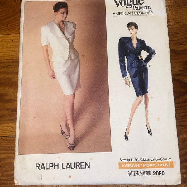 1988 Vogue Pattern 2090 Ralph Lauren  Couture American Designer Size 12-14-16