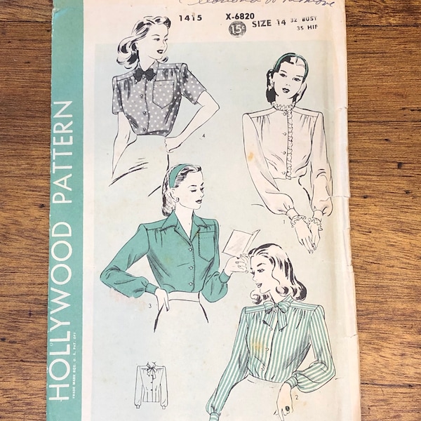 1944 Hollwood Patterns 1415  Blouse or shirt pattern, Size 14, uncut factory fold. Not a PDF