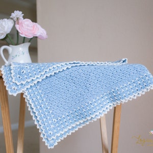 Baby Blanket Crochet PATTERN, Crochet Afghan Pattern, Scallop Edge & Trim, Blue Blanket, White Trim, Picot Stitch